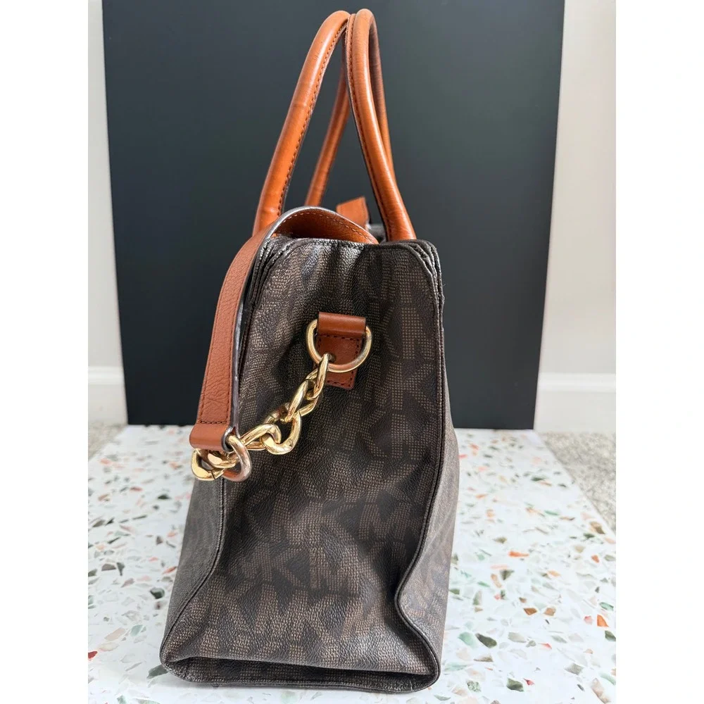 Michael Kors Hamilton Satchel Brown Logo PVC Leather Preppy Classic Tote Bag